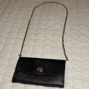 Coach Black and Brown Crossbody Bag with Gold Chain